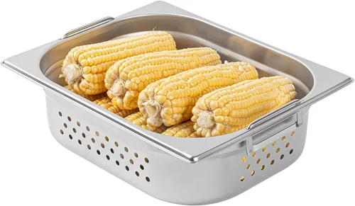 Restaurantware Met Lux - Bandeja perforada para mesa de vapor, tamaño medio, 4 pulgadas de profundidad, asas plegables, antiatascos, acero
