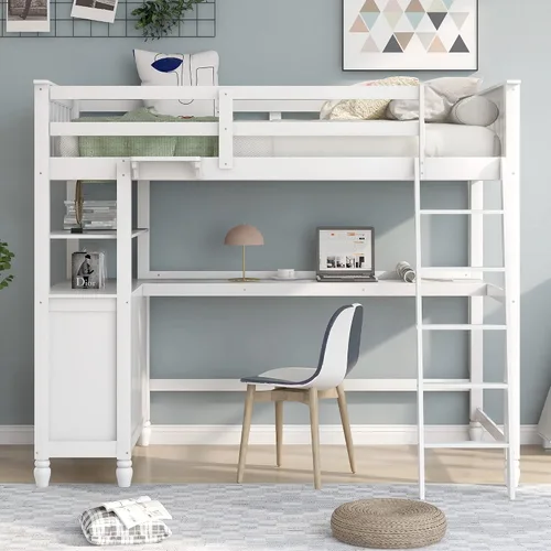 Harper & Bright Designs Cama alta individual con escritorio y cajones de almacenamiento, base de cama alta de madera con armarios, riel de seguridad