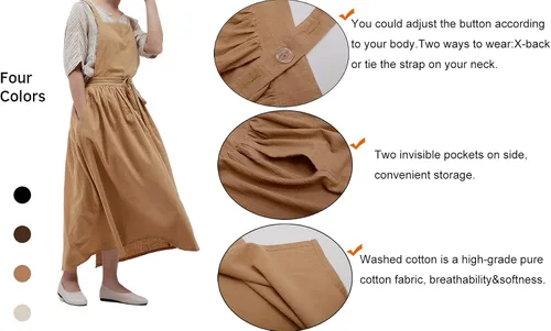 Miniatura 6 de Delantal largo de algodón plisado con espalda en X para cocina, jardín, floristería, ropa de trabajo, vestido con babero