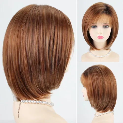 Miniatura 20 de RENERSHOW Pelucas rubias en capas para mujeres blancas con flequillo, peluca de pelo corto lacio, peluca sintética de color rubio degradado