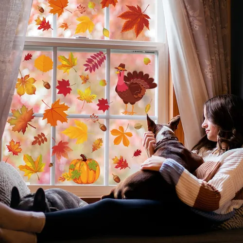 Miniatura 5 de 164 calcomanías de otoño para ventanas de vidrio, calcomanías de hojas de arce para ventana de otoño, decoración de otoño para Acción de Gracias