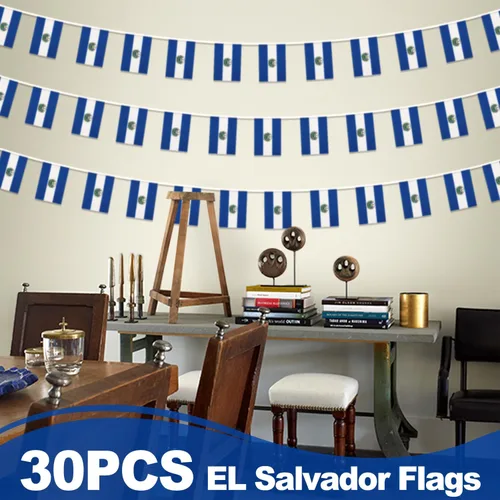 Miniatura 6 de Bandera de cuerda de El Salvador, pequeña bandera de mini banderines salvadoreños, decoración nacional del país para escuela, fiesta, eventos