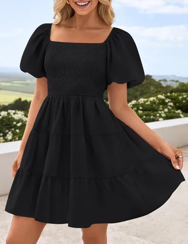 Miniatura 2 de ZESICA Mini vestido corto de verano bohemio 2025 con cuello cuadrado, manga abombada, hombros descubiertos, fruncido, escalonado, casual
