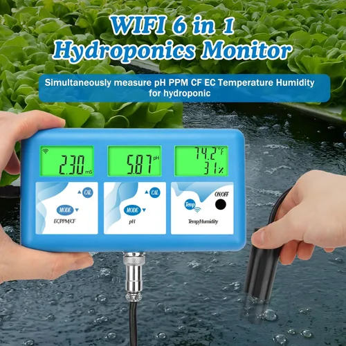 Miniatura 4 de Monitor de pH hidropónico ppm, WiFi 6 en 1 medidor de pH EC para sistema de cultivo hidropónico, monitoreo continuo pH PPM EC CF humedad temperatura