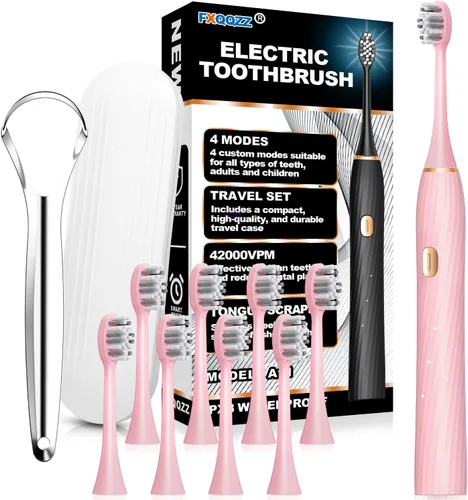 Miniatura 8 de FXQQZZ Cepillo de dientes eléctrico para adultos y niños, con raspador de lengua y estuche de viaje, 8 cabezales de cepillo, temporizador