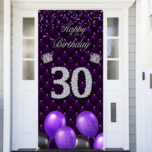 Miniatura 20 de Cartel morado de feliz primer cumpleaños telón de fondo para cabina de fotos, globos de corona plateada, decoración temática para niña, aniversario