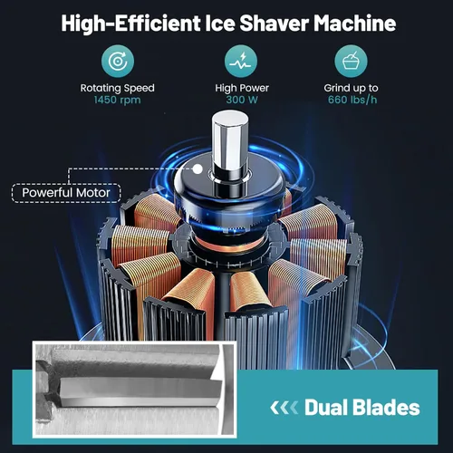 Miniatura 6 de Máquina comercial de cono de nieve de 660 libras/h, trituradora de hielo eléctrica aprobada por ETL de 300 W con interruptor de encendido/apagado