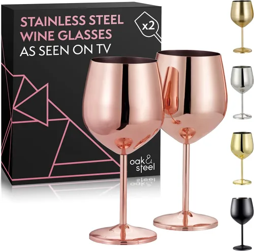 Miniatura 10 de Oak & Steel - 2 copas de vino doradas de acero inoxidable (18 onzas), copas de vino de metal irrompibles, copas de vino con caja de regalo