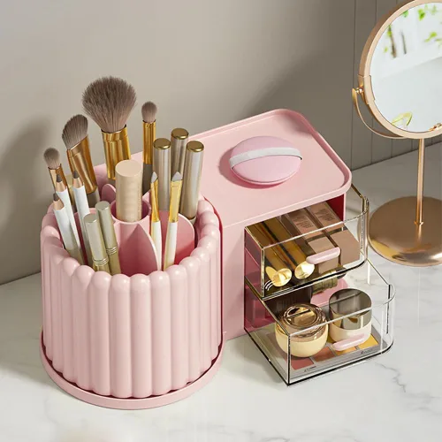 Miniatura 8 de Organizador de Maquillaje para Encimera, Soporte Giratorio 360° para Brochas de Maquillaje con 2 Cajones, Pequeño Organizador Preppy 9.25x5.11
