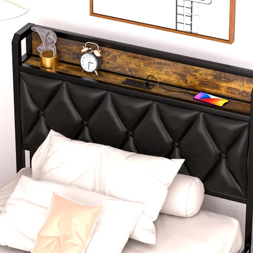 Miniatura 5 de GAZHOME Base de cama matrimonial con 4 cajones de almacenamiento y estación de carga, cabecera tapizada de tamaño matrimonial, no necesita somier