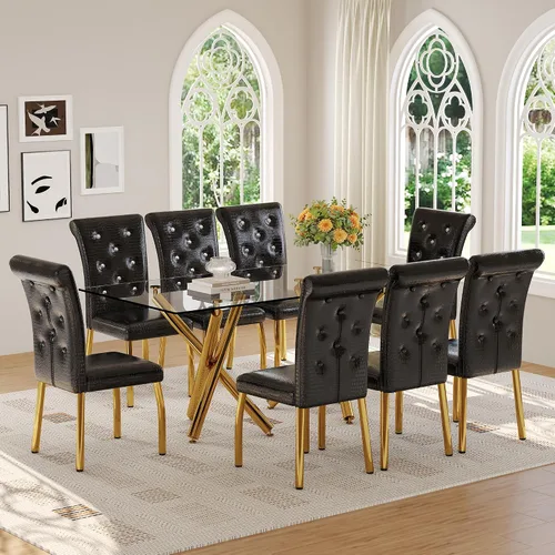 Miniatura 11 de Ebullient Moderno juego de mesa de comedor para 6, mesa de comedor de cristal de 71 pulgadas y patas de mesa de metal dorado, mesas de comedor