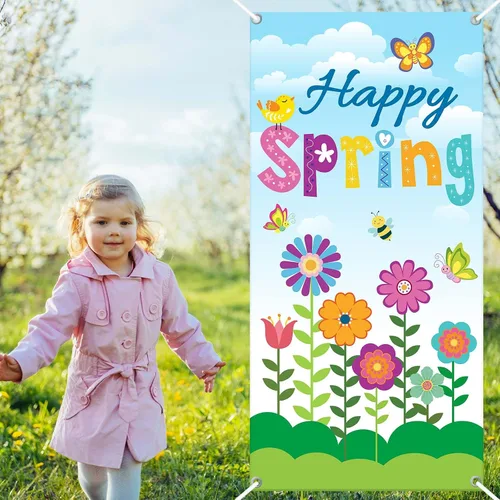 Miniatura 7 de Whaline Decoración de cubierta de puerta con texto en inglés «Hello Spring» con diseño floral de primavera para puertas delanteras, pancarta