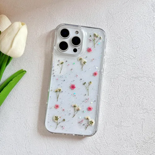 Miniatura 2 de LSEEKA Funda transparente para iPhone 16 Pro Max con diseño de flores reales presionadas, patrón floral rosa brillante y lindo, funda protectora
