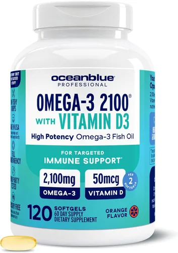 Oceanblue Professional Omega-3 2100 con Vitamina D3 – 120 ct – Suplemento de Aceite de Pescado de Triple Potencia Sin Eructos con EPA, DHA, DPA y