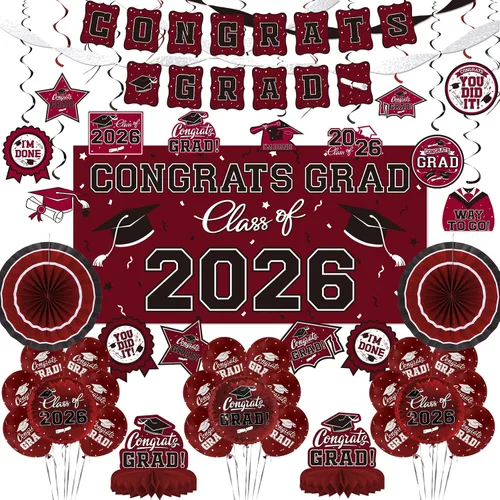 Miniatura 11 de Juego de decoraciones de graduación 2026 con temática negra y dorada, pancarta de felicitaciones, telón de fondo, globos y serpentinas, suministros