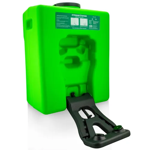 SAS Estación de lavado de ojos Safety Corp. Capacidad de 9.65 galones. Color verde. Alimentado por gravedad portátil. Tapa con bloqueo. Unidad