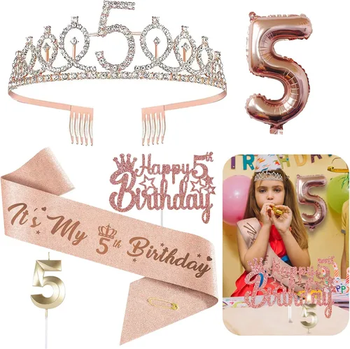 Dulces 5 decoraciones para ella – 5 piezas de regalos incluyendo corona de 5ª tiara, banda, decoración de pasteles, globos, velas – regalos de