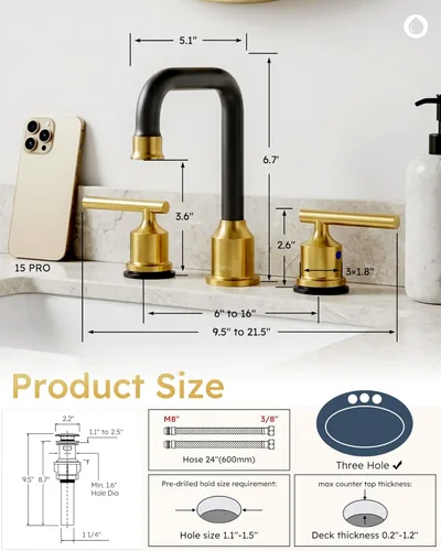 Miniatura 7 de WOWOW Grifo de baño generalizado de 3 agujeros, grifo de lavabo de 8 pulgadas con 2 asas, grifo de tocador de níquel cepillado con desagüe emergente
