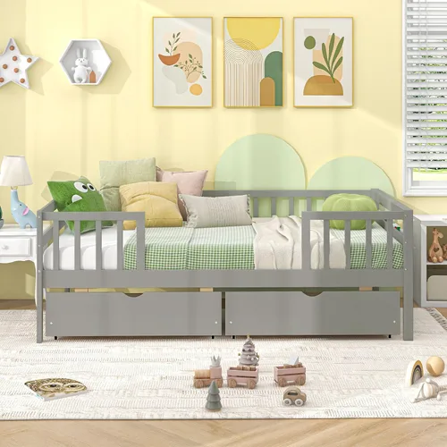 Miniatura 3 de Giantex Cama individual para niños con cajones de almacenamiento, cama Montessori de madera con rieles y estante lateral, sofá cama baja para niños