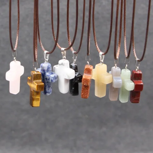 Miniatura 2 de 30 dijes de piedra de color con cruz de piedra preciosa, dijes de cuarzo cruzado sin cadena, suministros para hacer joyas, collares y aretes