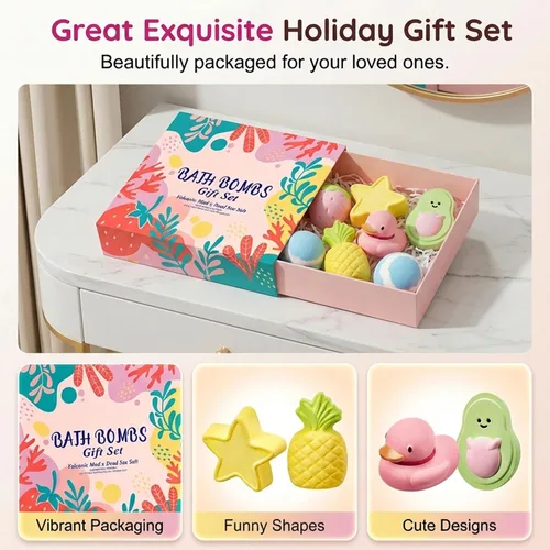 Miniatura 6 de Juego de 6 bombas de baño para mujer, juego de 6 piezas de barro volcánico y sal del mar muerto, cómoda y bonita bola de sal de baño de frutas
