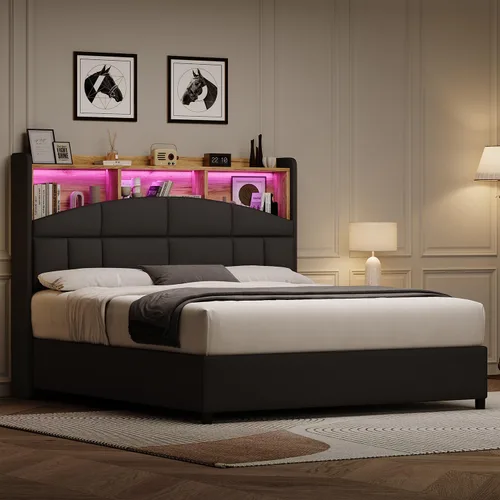 Miniatura 8 de REVOMINCA Base de cama de tamaño matrimonial con cabecero, base de cama tapizada de terciopelo con luces LED, plataforma de tamaño matrimonial