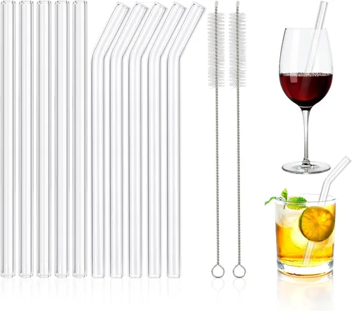 Miniatura 10 de 10 popotes Boba de vidrio reutilizables, 0.354 x 0.551 in de ancho, para té de burbujas, batidos, juego de 5 rectas y 5 dobladas con 2 cepillos