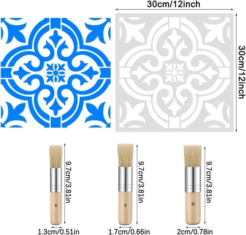 Miniatura 6 de SourceTon - Juego de 7 plantillas de azulejos y pinceles de madera, plantillas de pared reutilizables de mandala de 12 x 12 pulgadas para pintar