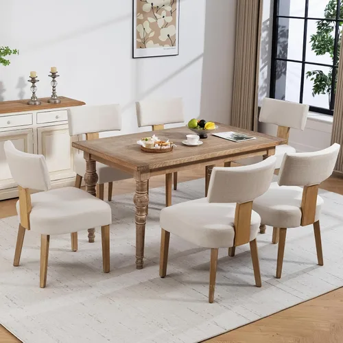 Miniatura 9 de Juego de 4 sillas de comedor, sillas de cocina de tela tapizada en madera, silla acolchada de lino sin brazos con respaldo curvo acentuado