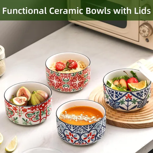 Miniatura 4 de Cuenco de cerámica con tapa, apto para microondas, juego de 4 Food Storage Containers for Soup, Meal Prep, Cereal, Salad Leftovers - Picnic