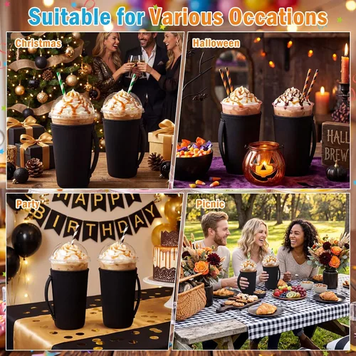 Miniatura 6 de Boao 12 fundas para vaso de neopreno reutilizables con asa, funda aislada para taza para café helado, bebida fría, anticondensación, sin sudor