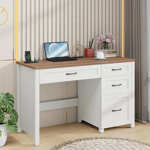 Miniatura 16 de Escritorio ejecutivo Farmhouse de 47 pulgadas con archivador y gabinete de almacenamiento, escritorio de madera para computadora de oficina en casa