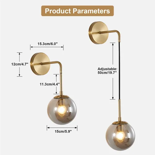Miniatura 2 de KCO Lighting - Lámpara de pared moderna con globo dorado de mediados de siglo con cable de enchufe, aplique de pared minimalista con bola de vidrio