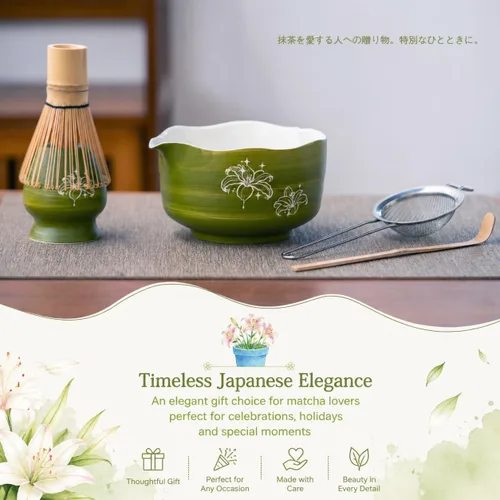 Miniatura 6 de Buucup Juego de matcha, 5 piezas de aguacate verde matcha con cuenco en forma de corazón con boquilla, batidor de bambú, cuchara, tamiz y soporte