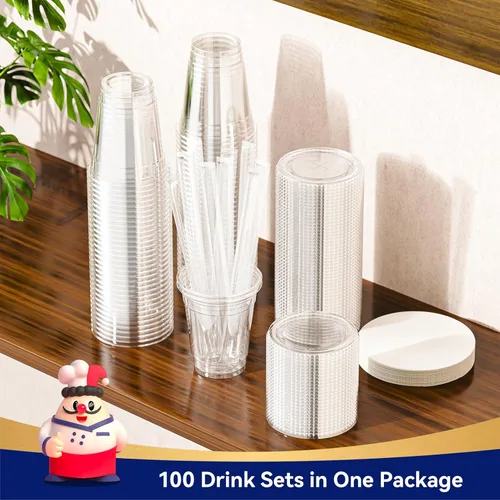 Miniatura 5 de JOLLY CHEF Paquete de 100 vasos de plástico transparente de 12 onzas con tapas y pajitas, tazas desechables para café helado con tapas para batidos