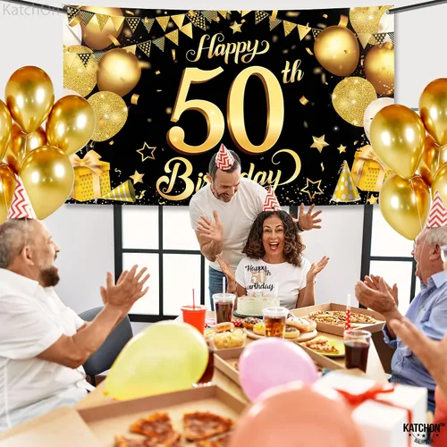 Miniatura 7 de KatchOn, Fondo de feliz cumpleaños 50, grande, 72 x 44 pulgadas, decoraciones de cumpleaños 50 negro y dorado Cartel de feliz cumpleaños 50