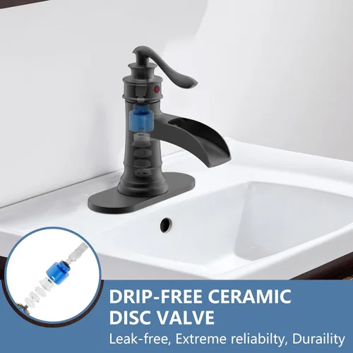 Miniatura 4 de Homevacious Grifo de lavabo de baño con cascada, monocontrol, negro mate y níquel cepillado, grifo mezclador para lavamanos, un orificio, palanca