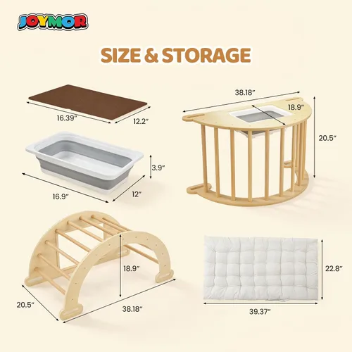 Miniatura 7 de JOYMOR Arco de escalador triangular Pikler 5 en 1 con cojín, mesa sensorial para niños, juguetes de escalada en madera montessori para niños