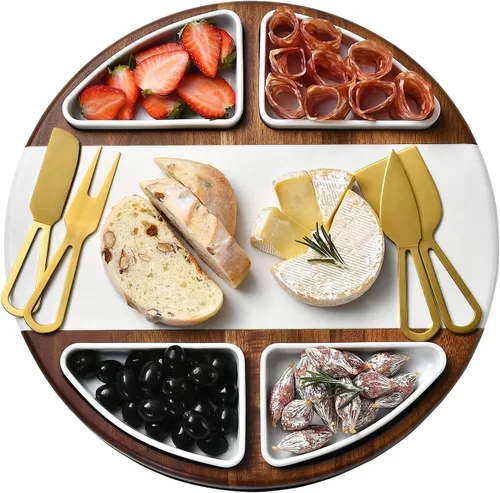 Miniatura 9 de Shanik Juego Mejorado de Tabla Giratoria Lazy Susan para Cortar Queso - Tabla Redonda de Acacia para Charcutería con 4 Tazones de Cerámica - Regalos
