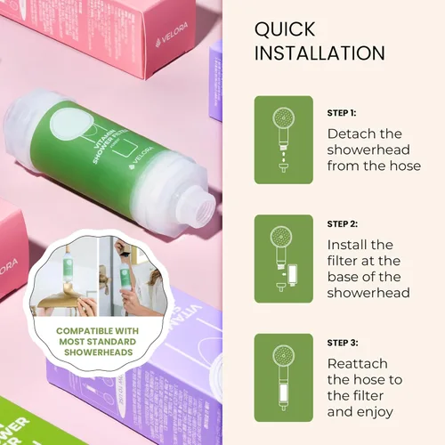 Miniatura 6 de VELORA Filtro de ducha con vitamina C – Filtro de agua de ducha de aromaterapia con aroma a bosque y suavizante – Accesorio universal para cabezal