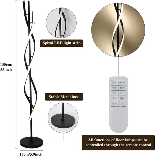 Miniatura 3 de Lámpara de pie moderna en espiral para sala de estar, lámpara de pie de esquina LED regulable de 30 W con control remoto, lámparas de pie negras