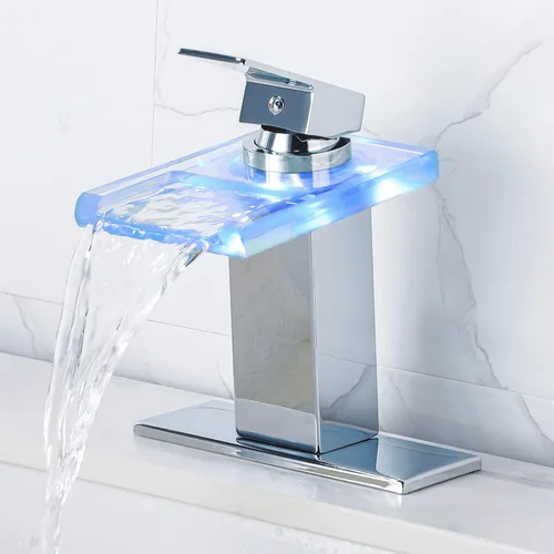 Miniatura 12 de Grifo LED para Lavabo de Baño - Negro Mate de Un Solo Agujero o Centerset de 4 Pulgadas Grifo de Cascada con Boquilla de Acero Inoxidable y Luces