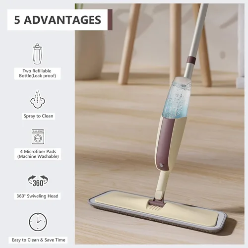 Miniatura 2 de HOMTOYOU Trapeador en aerosol para limpieza de suelos: mopa húmeda con 4 almohadillas de microfibra lavables y 2 botellas recargables para madera