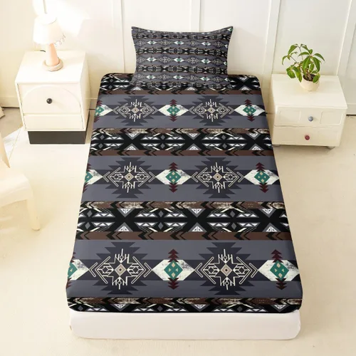 Miniatura 43 de Juego de ropa de cama de estilo bohemio occidental, tamaño individual, diseño de vaca atrapasueños, sábana bajera ajustable del suroeste, tribu