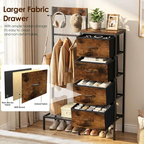 Miniatura 6 de Lewondr Cómoda con estante colgante y cajones de almacenamiento, 4 cajones con ganchos y estante, organizador de entrada rústico para accesorios