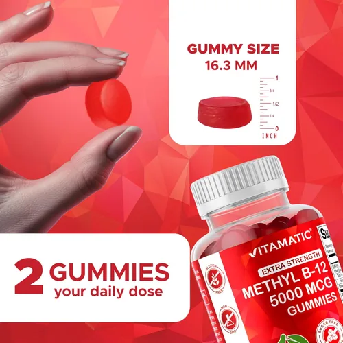 Miniatura 5 de Vitamatic Gomitas de vitamina B12 extra fuertes de 5000 mcg (metilo B12), 120 unidades, apoyo al metabolismo energético y apoyo a la salud