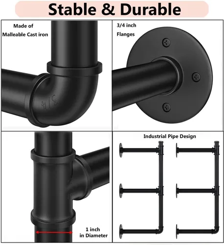 Miniatura 4 de Soportes de Tubo para Estantes Industriales de Montaje en Pared, Estantería Abierta de Tubo Negro para Cocina, Soportes de Estante Flotante