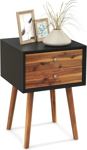 GIANTEX - Mesa auxiliar con cajones y almacenamiento, mesa auxiliar de madera estilo Mid Century multiusos para dormitorio, sala de estar, muebles