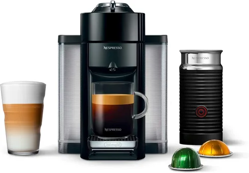 Máquina de café y espresso Nespresso Vertuo de De'Longhi, color negro piano con espumador de leche Aeroccino Negro (Piano Black)
