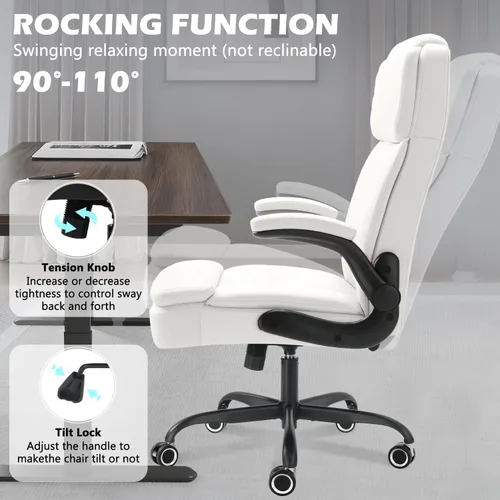Miniatura 6 de Silla de oficina ejecutiva grande y alta de 450 libras con brazo abatible, silla de escritorio de cuero resistente, cómoda silla giratoria de Blanco